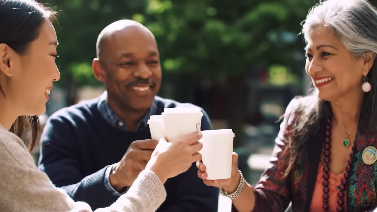 A Joyful Gathering: Friends Celebrate Over Coffee in a Warm, Outdoor Setting, Sharing Laughter and Connection in Their Favorite Cafe