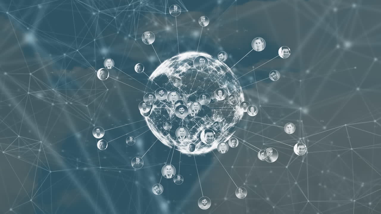 Animation of globe of business profile icons and network of connections against clouds in the sky