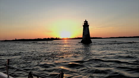 sunset in the backdrop of lighthouse from the middle of ocean