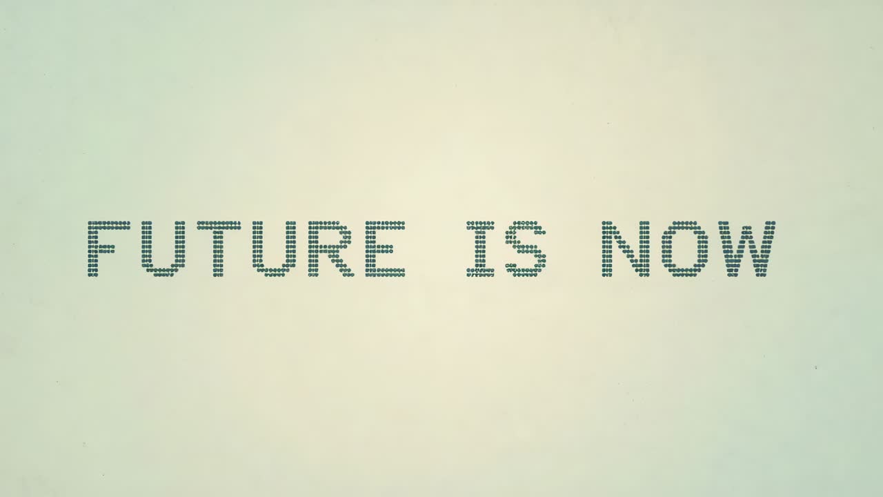 Starting title animating center dot-matrix FUTURE IS NOW glowing halo shifting gradient emphasizing