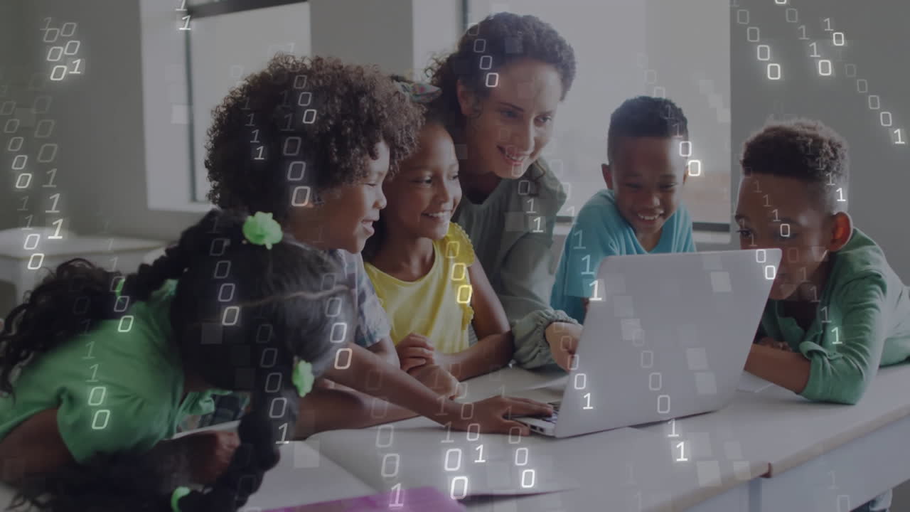 Binary code animation over diverse children and adult using laptop