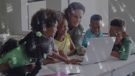 binary code animation over diverse children and adult using laptop