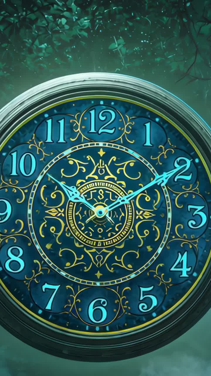 Vertical video: Ornate clock starting minute hand moving ten to two in misty glade, leaves swirling