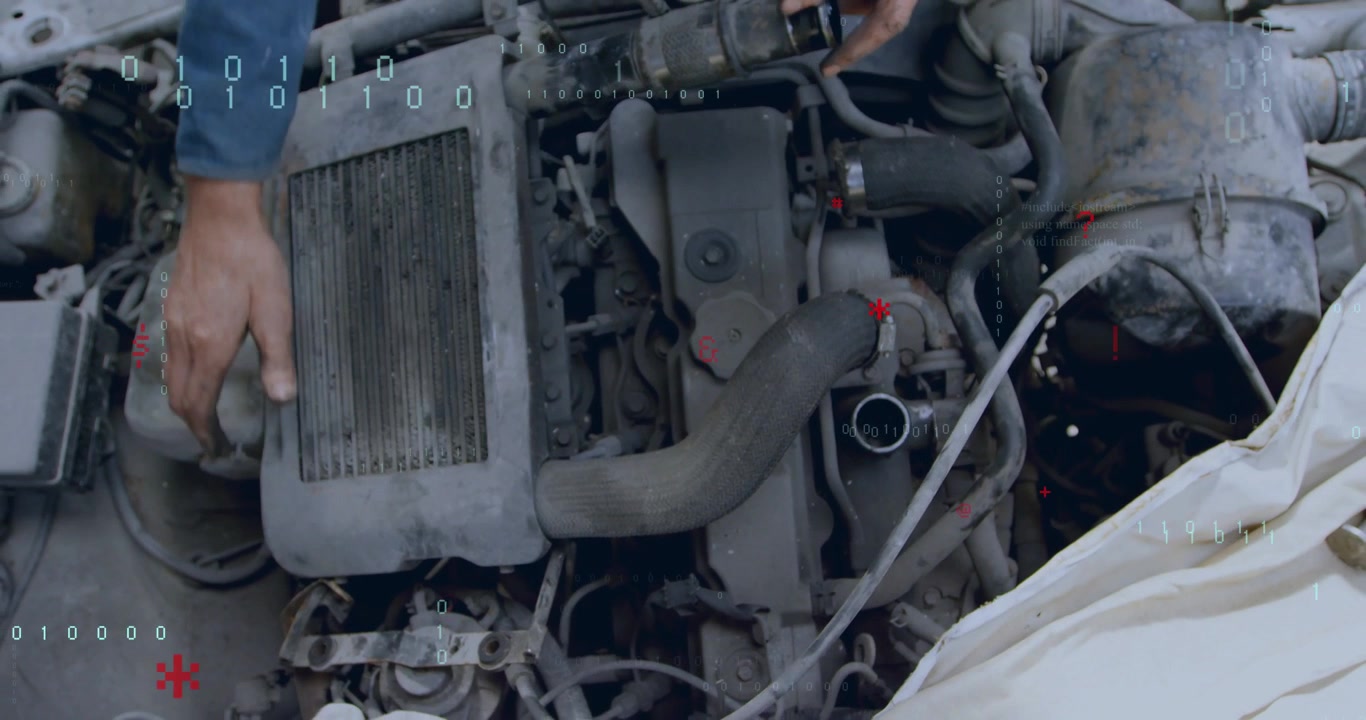 Auto mechanic right hand probing cap, lifting top unit, exposing engine for repair as HUD appearing