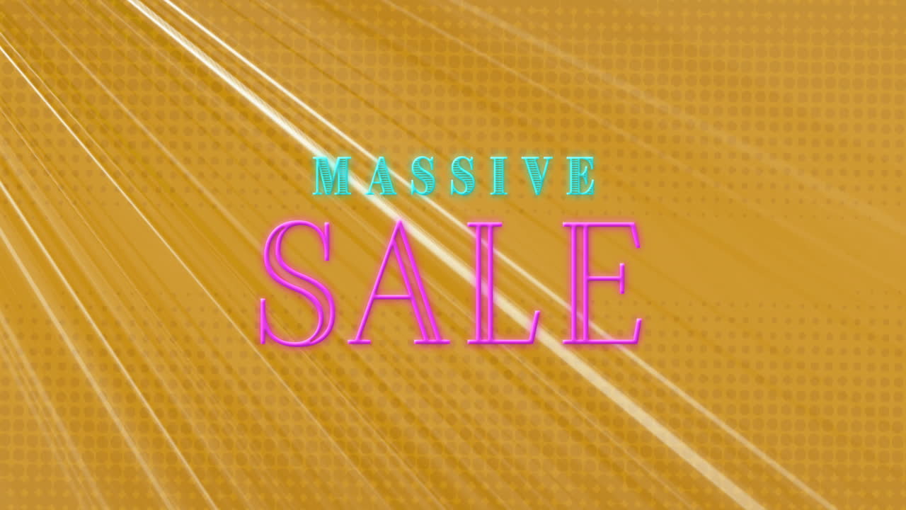 노란색 배경에 빛의 흔적 위에 네온 대량 판매 텍스트 배너의 애니메이션