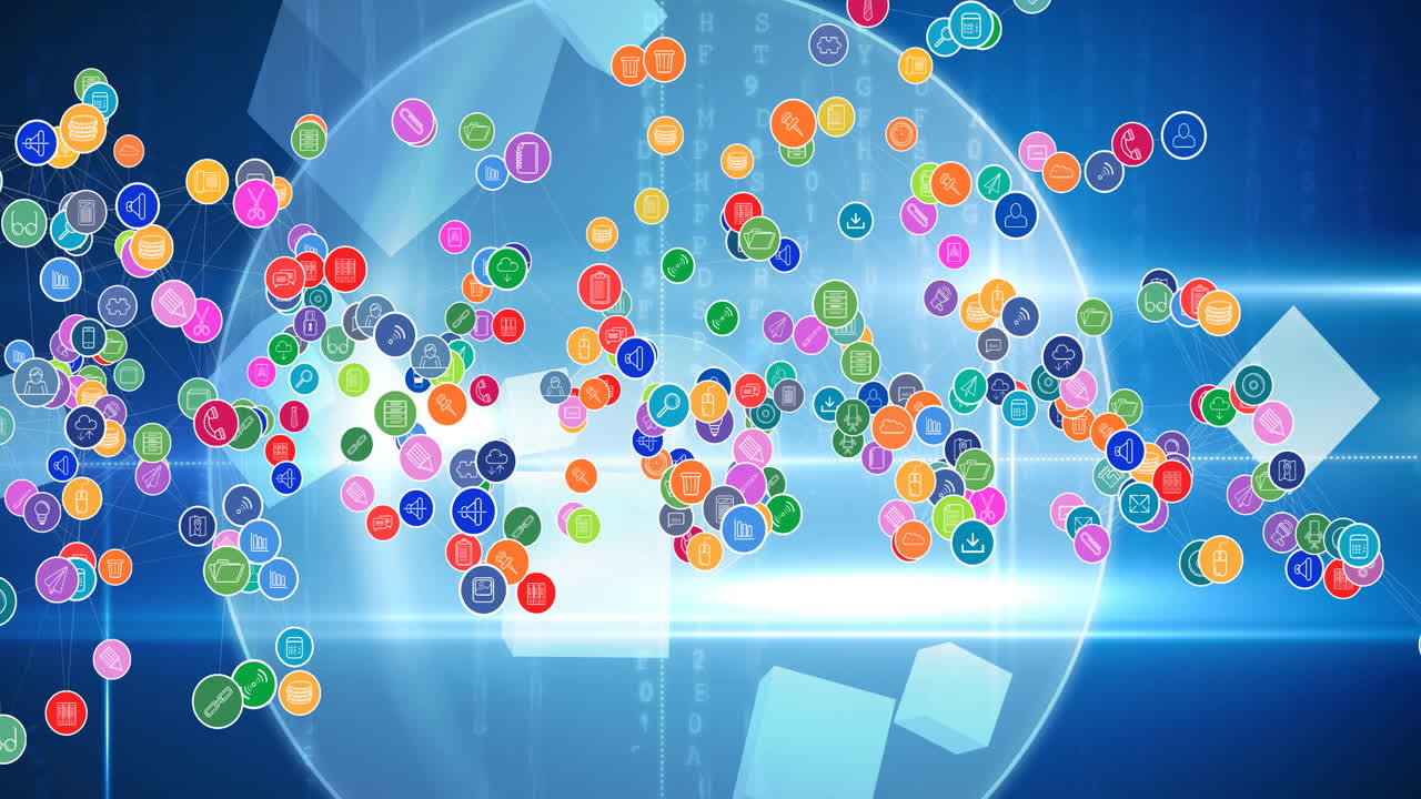 전 세계를 배경으로 디지털 아이콘으로 연결하는 네트워크의 애니메이션