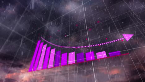 animation of statistical data processing over thunderstorm and rain falling against dark clouds