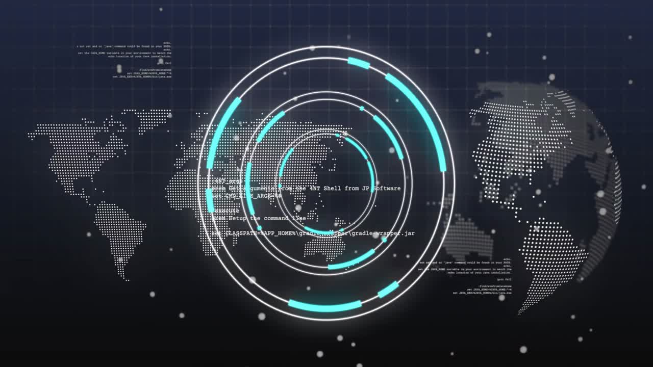 Opening dotted map, three rings spinning while code flickering and hemisphere emerging for analysis