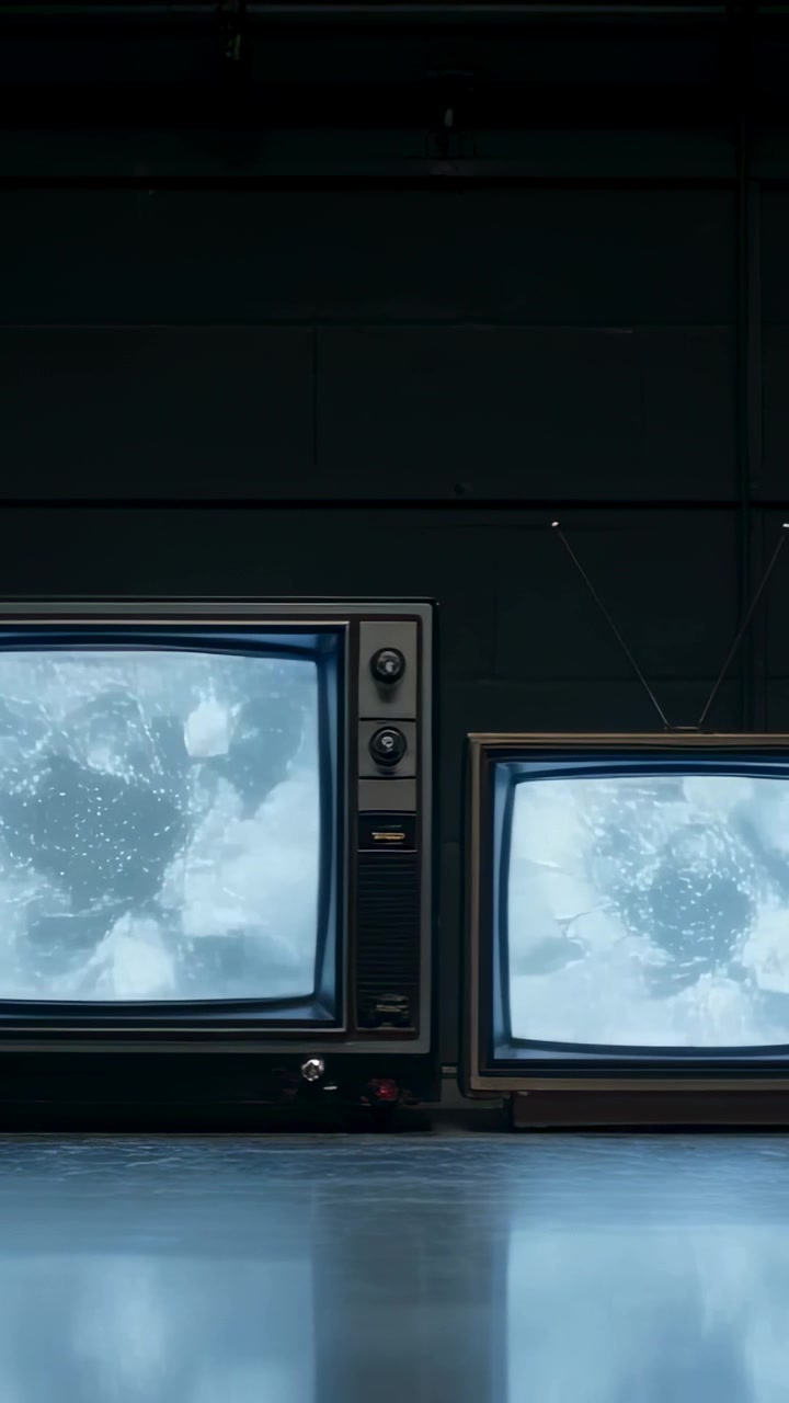 Video verticale: Accensione dello schermo centrale, con TV CRT che emettono statico vorticoso in un negozio in penombra con antenna.