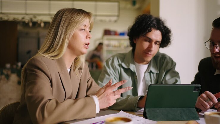 Business colleagues meeting at a cafe discussing data on a tablet