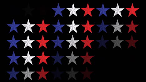 animation of white, blue and red stars of american flag in rows on black background