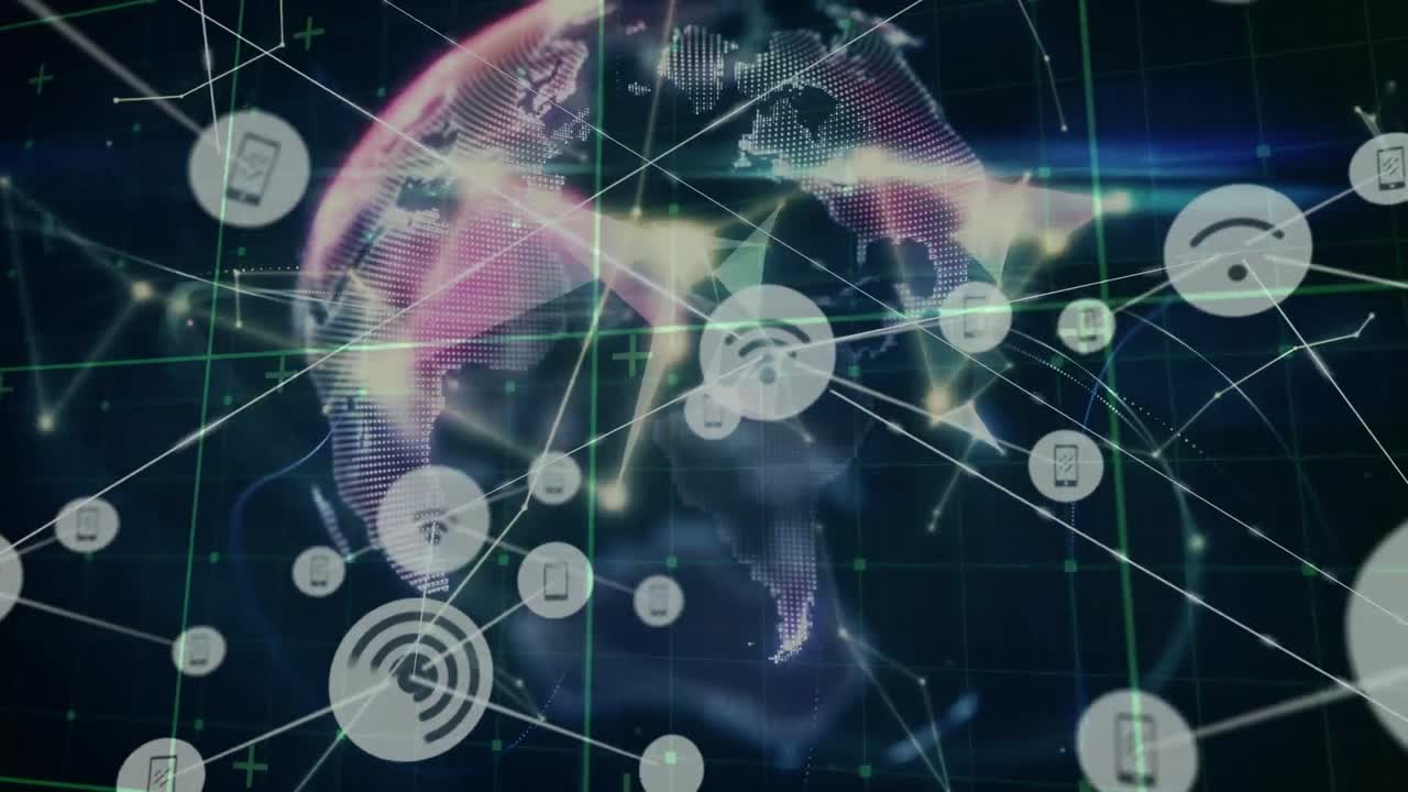 animación de la red de conexiones con iconos en todo el mundo y la red de conexiones en el fondo negro