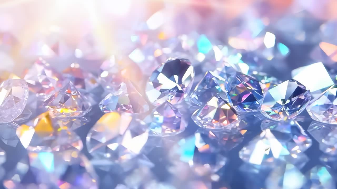 Close-up video shot of sparkling diamonds with a soft focus, capturing a dreamy, colorful light