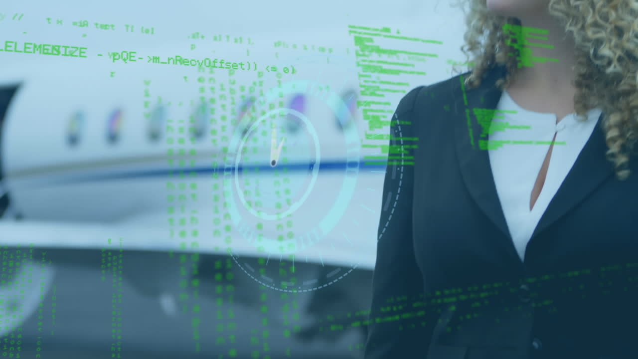 animación del procesamiento de datos sobre una mujer de negocios caucásica en el aeropuerto