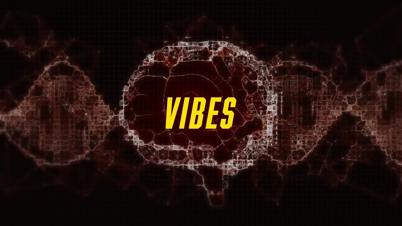 Animation of vibes text over digital brain on black background