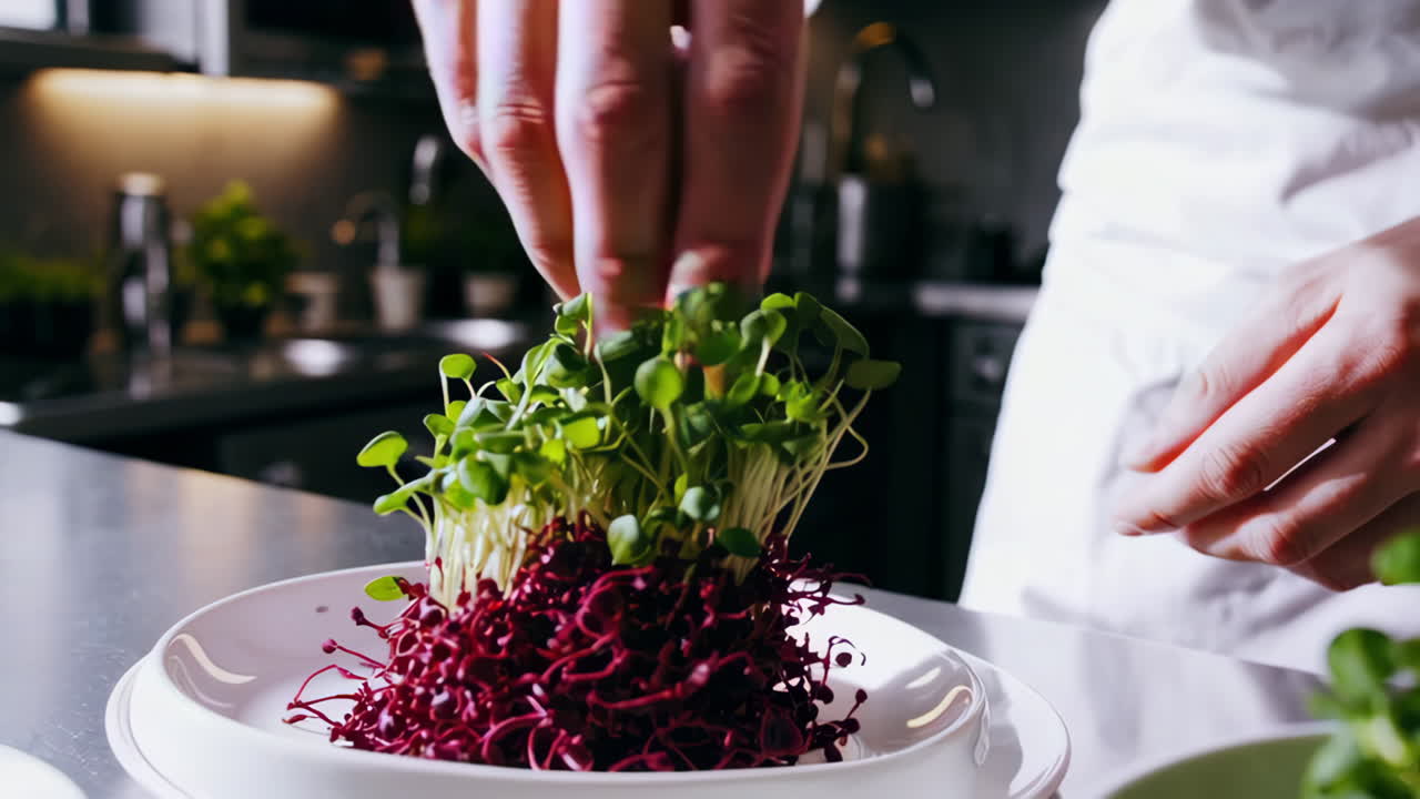 Chef preparing a dish with microgreens