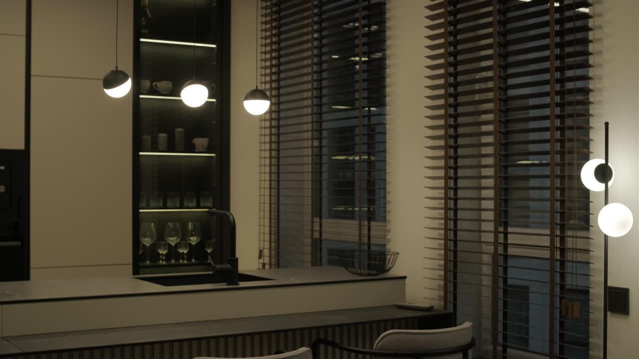 модернистский интерьер квартиры с простым декором, нейтральными тонами и чистыми линиями. дизайн подчеркивает функциональность, создавая спокойное и организованное жилое пространство.