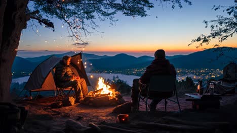 campers enjoy a cozy fire beneath a starry sky at dusk in the mountains