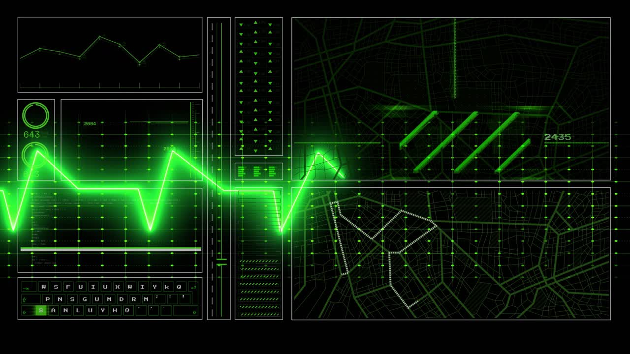 Forma d'onda verde neon che parte da sinistra, impulso che attraversa una mappa di illuminazione a griglia mostrando lo stato del sistema.