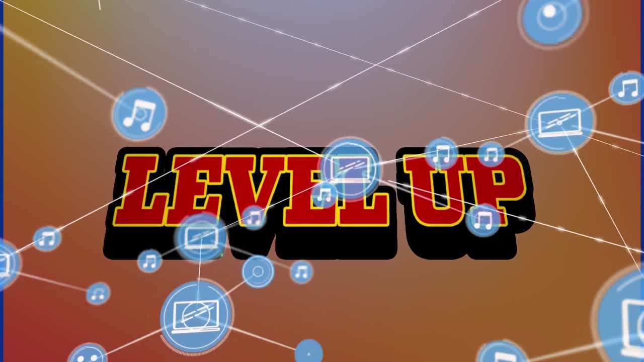 그래디언트 배경에 대한 레벨을 상승시키는 디지털 아이콘 네트워크의 애니메이션