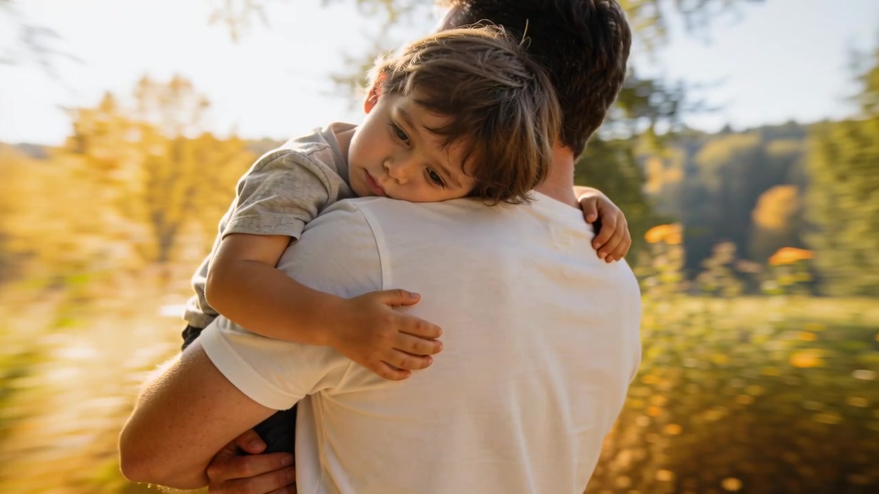 Uomo adulto che conforta, trasportando un bambino attraverso un prato illuminato dal sole dopo che il piccolo si è assopito, maglietta bianca e camicia grigia.