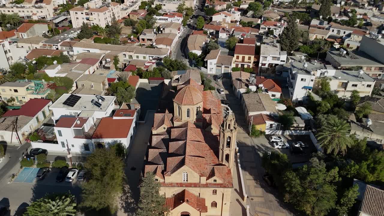 Saint Barbara Eastern Orthodox Church In The Kaimakli Suburb of Nicosia, Cyprus. Aerial Pullback Shot