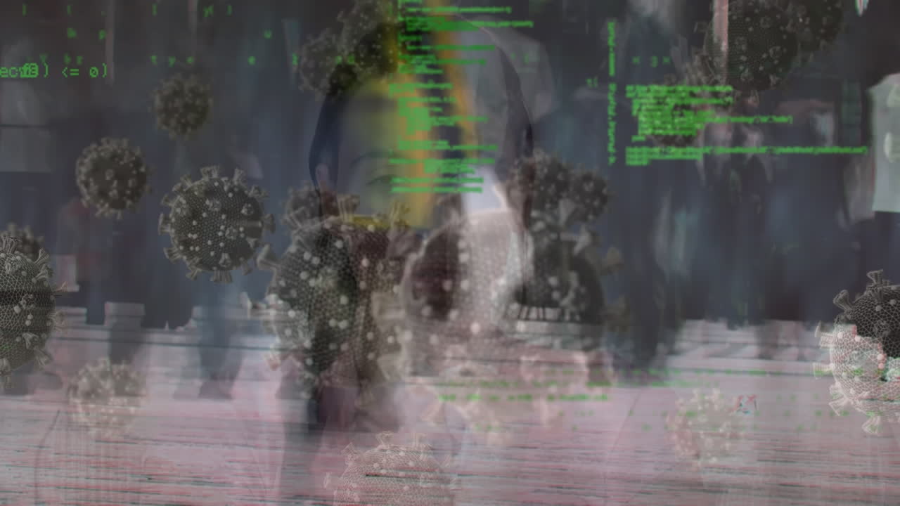 바이러스 세포의 애니메이션과 아시아 여성의 재채기 및 거리에서 다양한 사람들의 데이터 처리