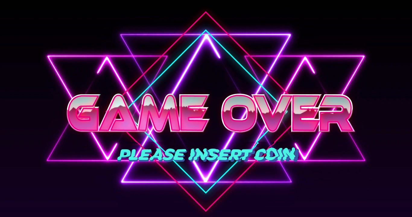 Pitch black void starting neon GAME OVER text fading in and triangles cycling urging coin insertion
