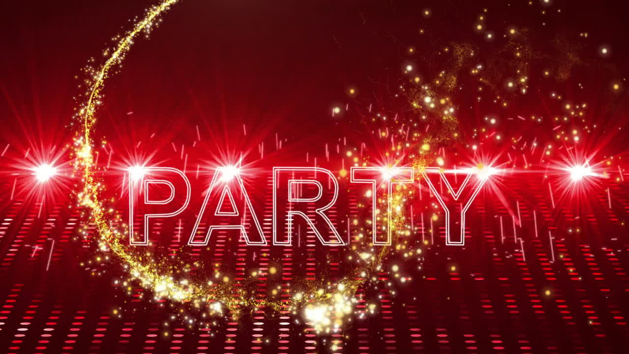 Animation of sparkling trail forming PARTY text on red and black background