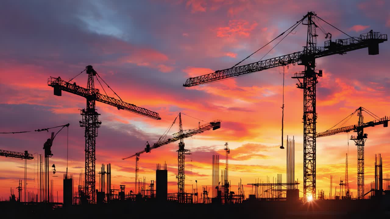 Stunning Silhouette of Construction Cranes Against a Vibrant Sunset Sky, Depicting a Scene of Urban Development and Engineering Progress in a Dynamic City Landscape
