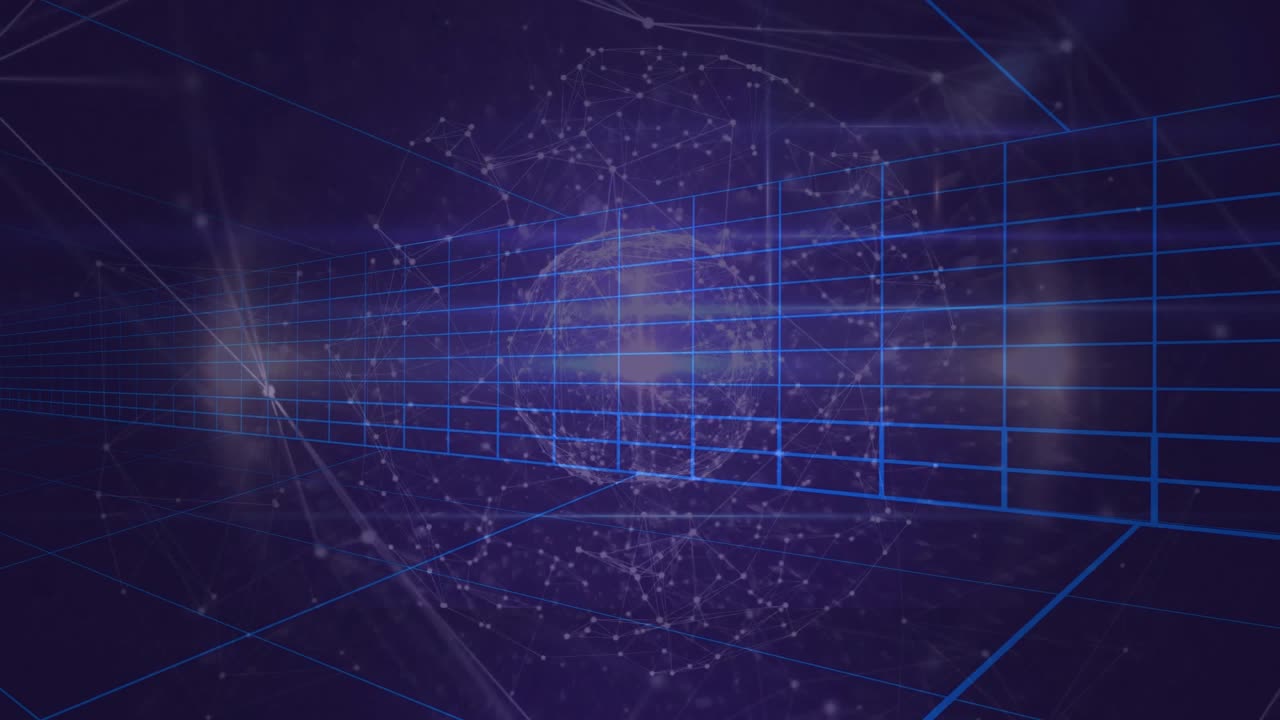 Upon faint wire grid appearing glowing particles forming globe, lines shifting showing network data