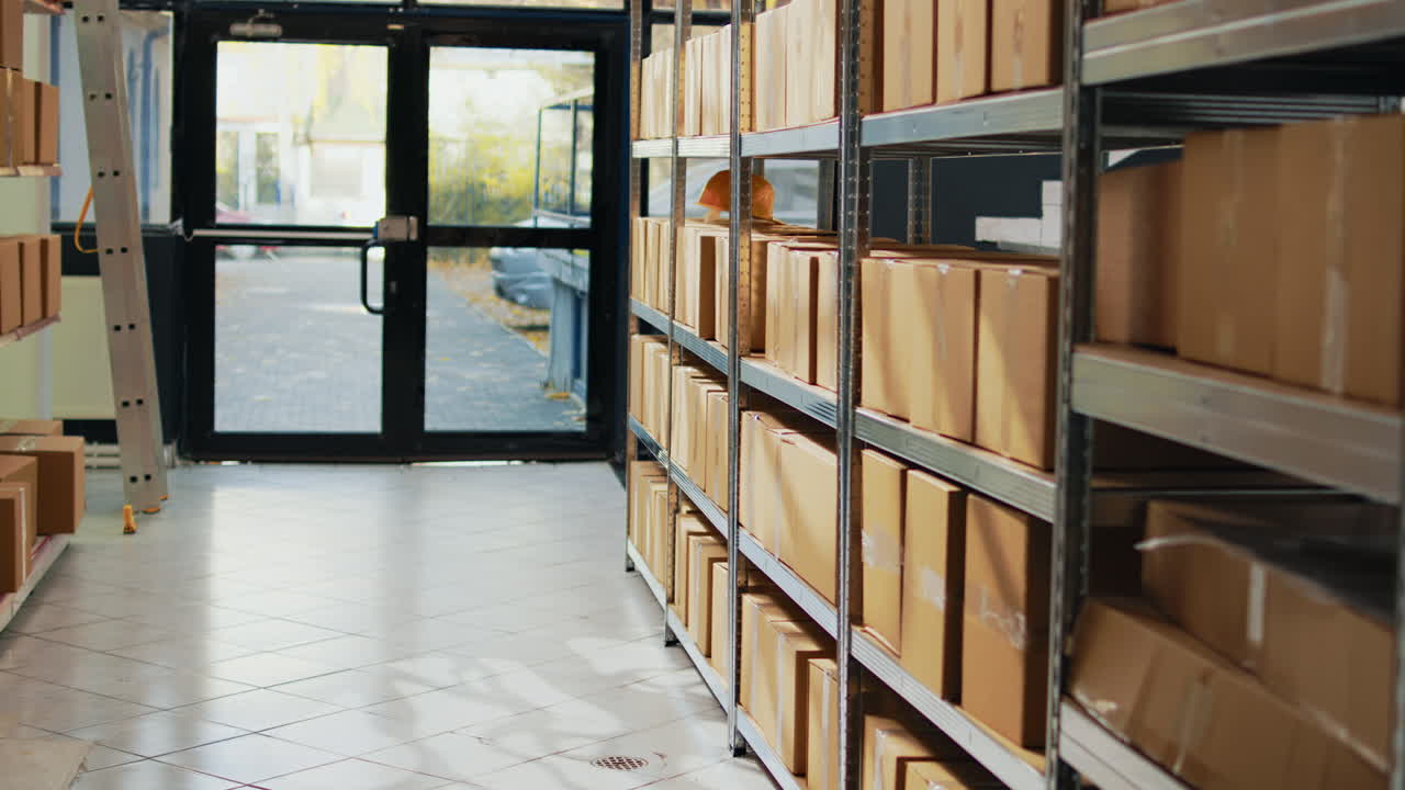 Warehouse Storage with Shelves of Cardboard Boxes