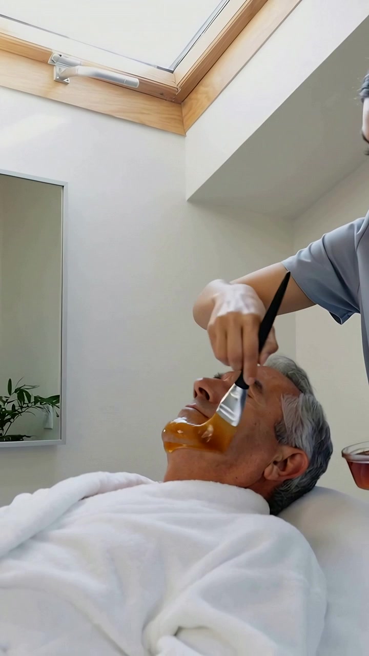 Vertikal video: Dybber pensel, tekniker påfører ravfarvet gel på ældre mand i badekåbe på et spa til hudpleje
