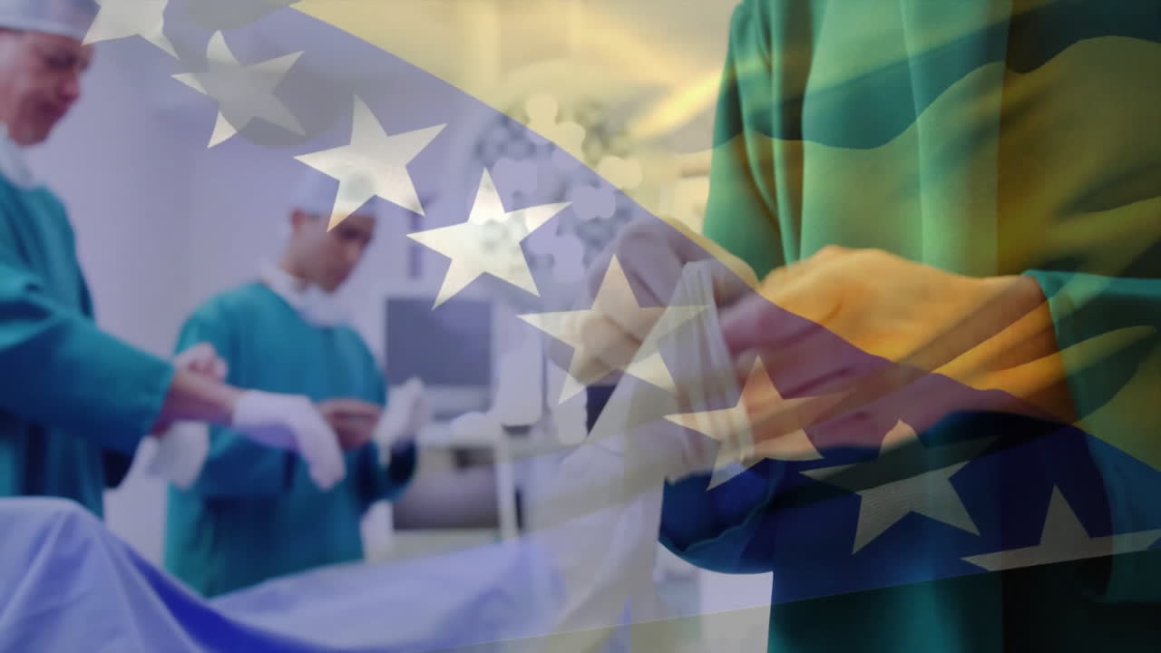Animation of flag of bosnia and herzegovina over diverse surgeons in hospital