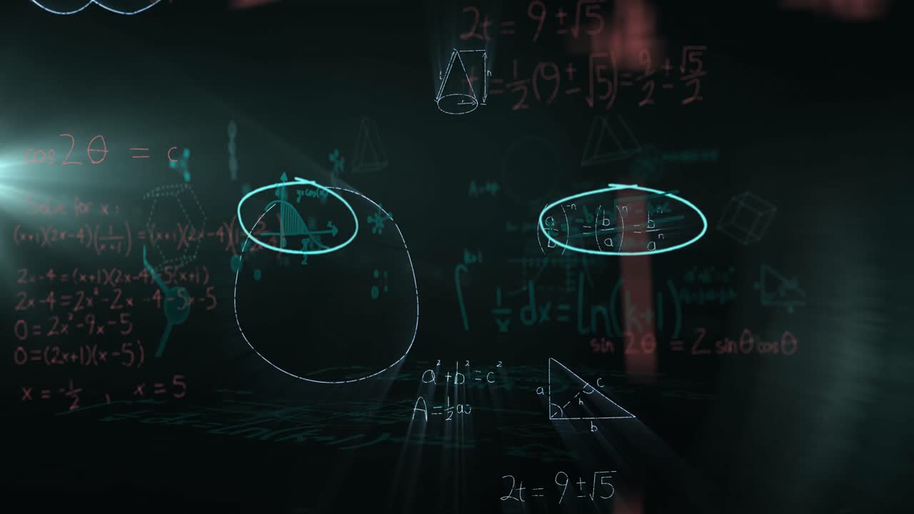 Mathematical equations floating against black background