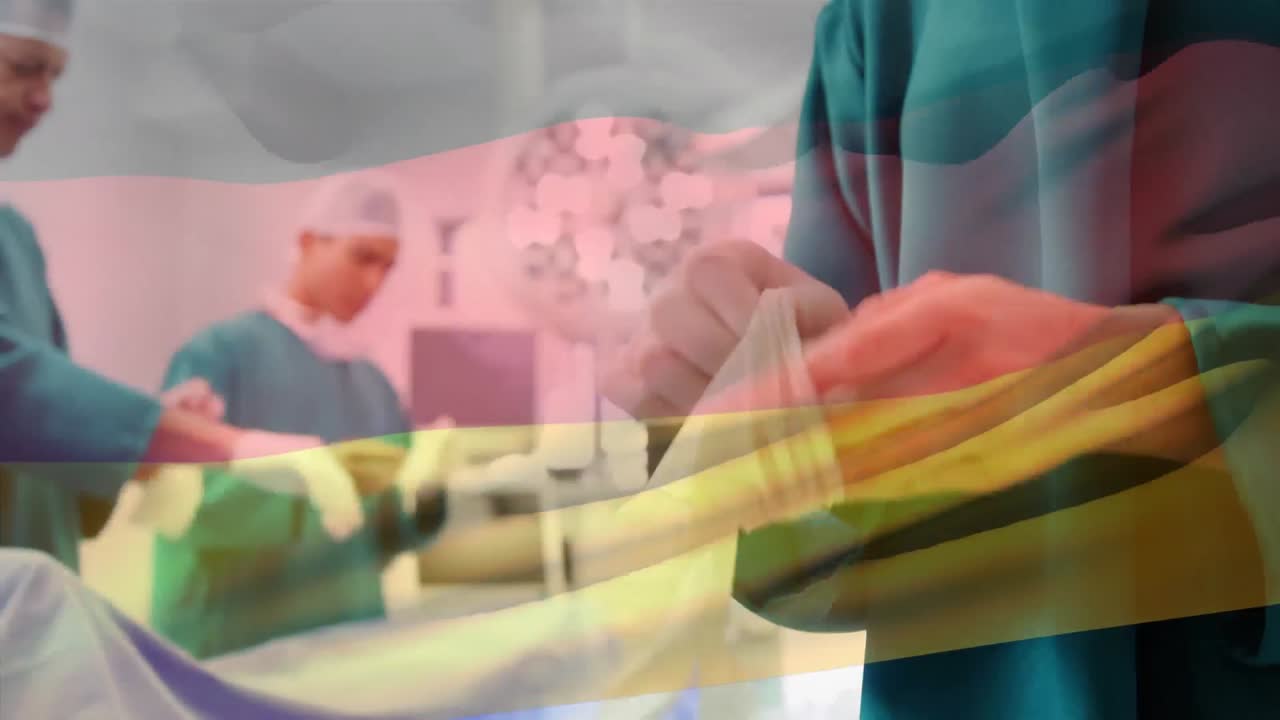 수술실에서 외과 의사 들 위 에 흔들리는 독일 국기 의 애니메이션