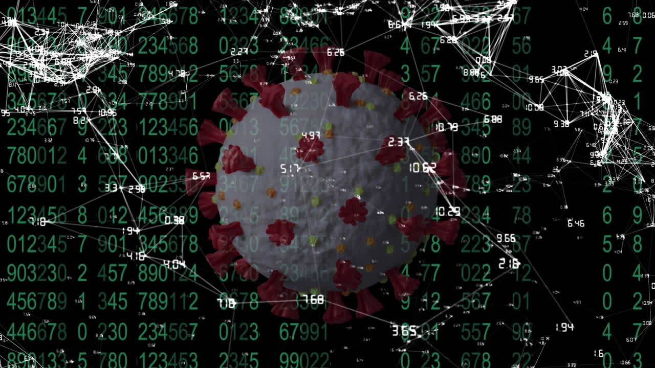 video compuesto digital de la célula de covid-19 girando contra el procesamiento de datos en el fondo