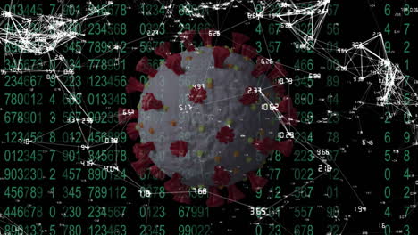 digital composite video of covid-19 cell spinning against data processing in background