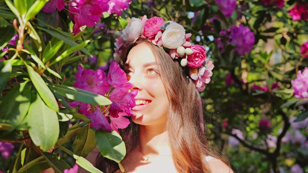 Woman slowly inhales blooming rhododendron scent and smiles skyward in sunlight