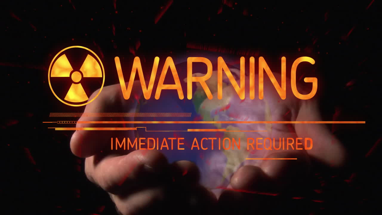 Holding glowing earth, hands with radiation symbol and warning text in animation