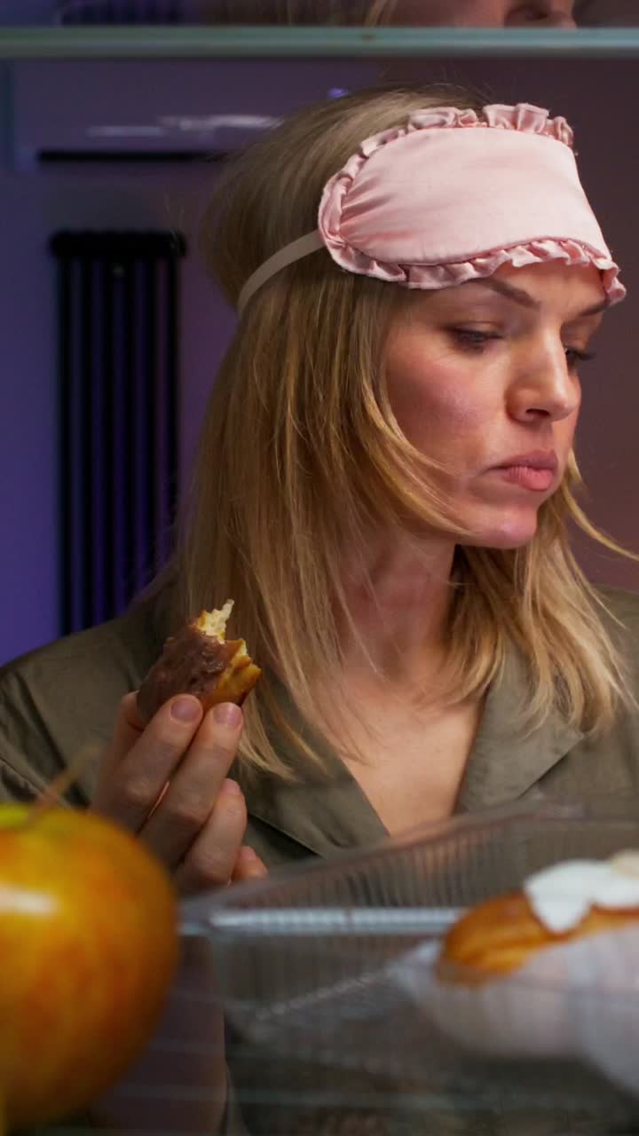 Woman Eating a Pastry in the Fridge at Night