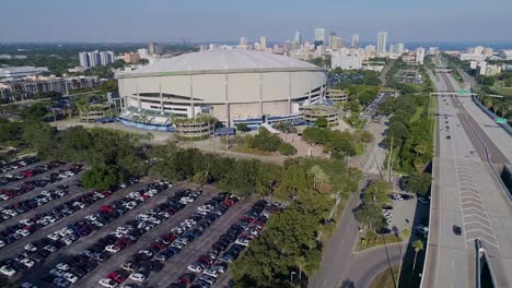 4K-Aerial-Drone-Video-of-Tropicana-Field-and-Full-Parking-Lots-next-to-Interstate-275-in-Downtown-St