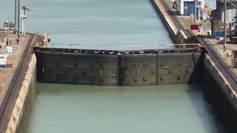 closed gates of the miraflores locks, panama canal