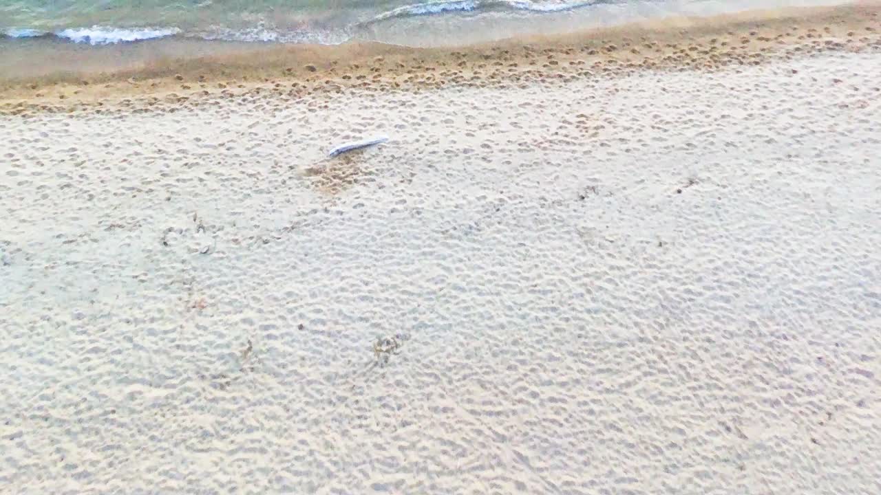 모래와 해변의 공중 촬영을 보여주는 시간 저녁 - 해가 지고 물의 파도가