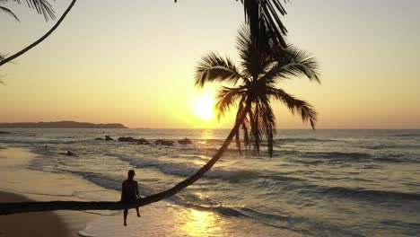 Ein-Mädchen,-Das-Einen-Sonnenaufgang-Beobachtet,-Der-Auf-Einer-Palme-Sitzt