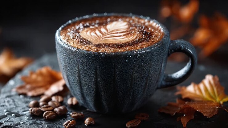 Eine wunderschön gefertigte Tasse Kaffee mit filigraner Latte Art und Regentropfen, die elegant auf einer dunklen Oberfläche zwischen Herbstlaub und Kaffeebohnen platziert sind