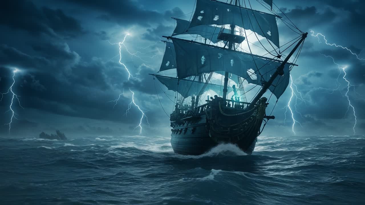 A Majestic Ship Navigates Through Turbulent Waters Under a Stormy Sky Illuminated by Enigmatic Lightning, Standing Resilient Amidst Nature’s Fury