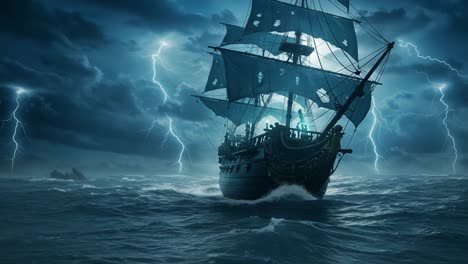 a majestic ship navigates through turbulent waters under a stormy sky illuminated by enigmatic lightning, standing resilient amidst nature’s fury