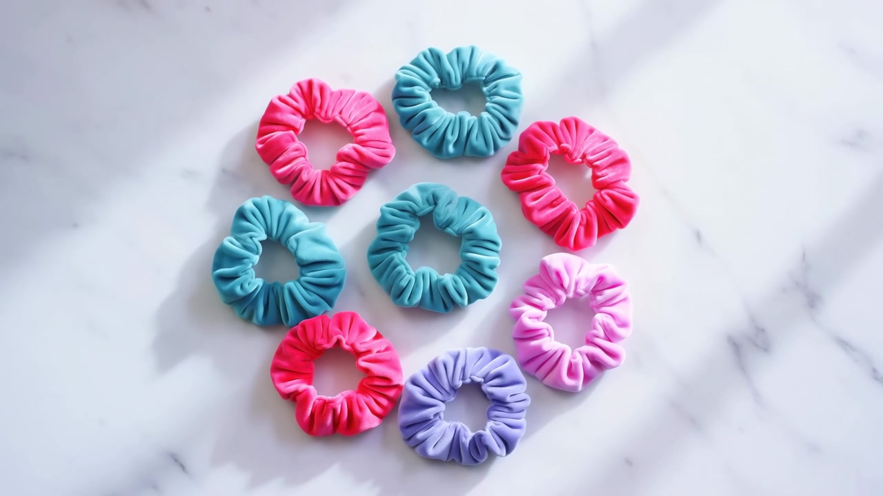 Nove scrunchies de cabelo de veludo macio dispostos em uma grade agrupada e solta sobre um tampo de mesa de mármore branco, vistos de cima, com luz suave e difusa, sombras delicadas, rica variedade de cores e textura franzida nítida.