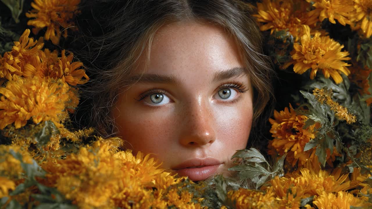 Ritratto accattivante di una giovane donna circondata da vivaci fiori gialli, che emana bellezza naturale e serenità in un incantevole contesto floreale